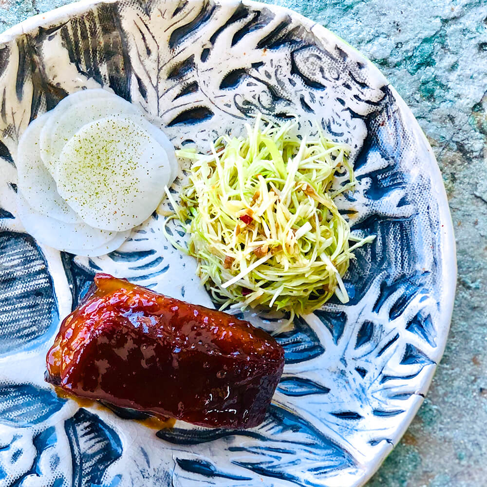 Miso Glazed Dandaragan Beef Shortrib with Cabbage Slaw and Pickled Daikon